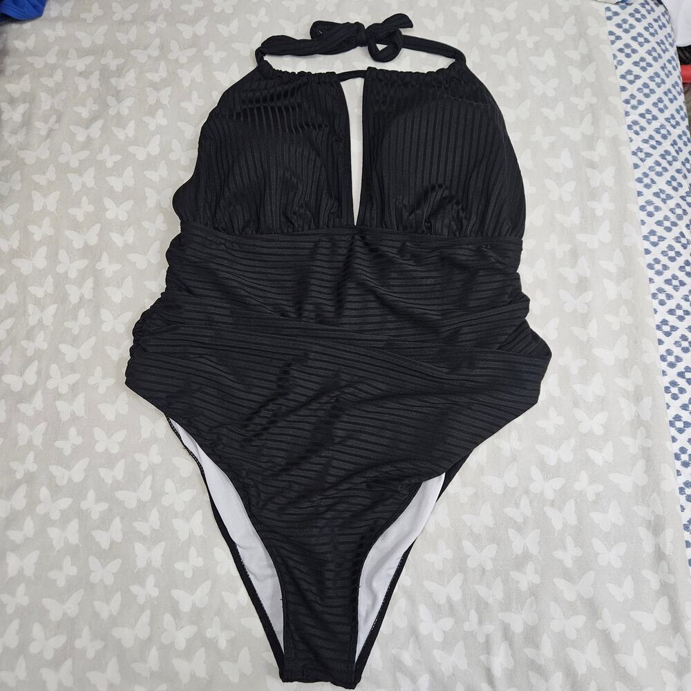 Chic Black Ribbed Halter Plunge One Piece Swimsuit Plus Size 2XL